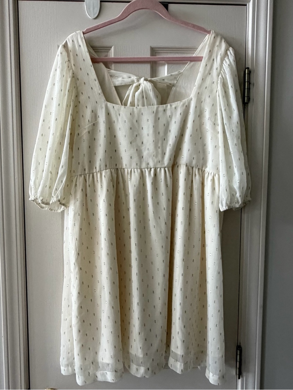 ModCloth Cream Gold Foil Clip Dot Babydoll Mini Dress Square Neck Tie Back XL